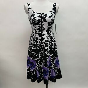 Nine West Black, White & Purple Floral Fit-and-Flare Dress